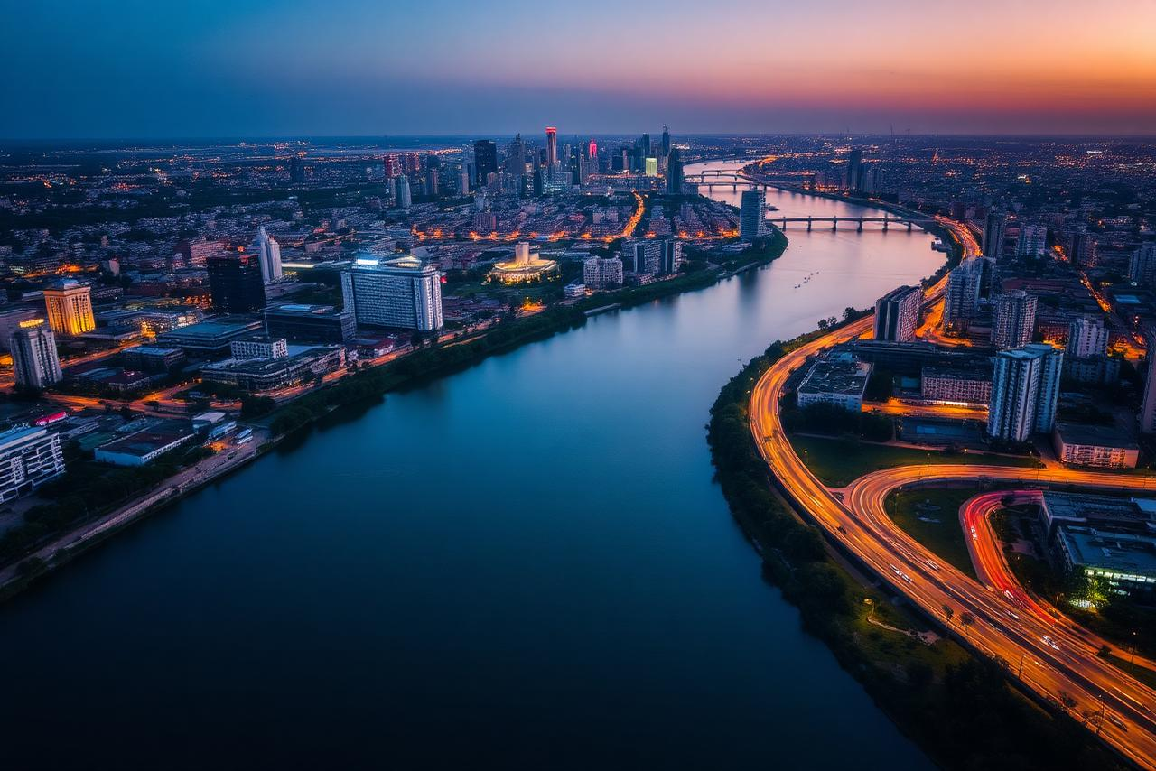 Vista aérea de Rosario y el río Paraná al atardecer